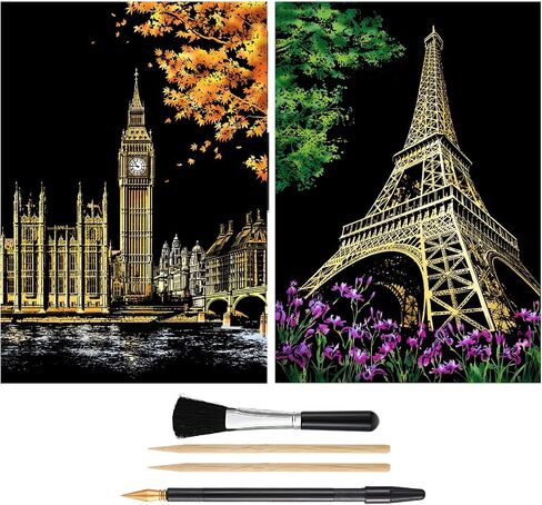 Scratch Painting Kits for Adults & Teens, Craft Art Set, Rainbow Scratch Art Painting Paper, Sketch DIY Night View Scratchboard, 16'' x 11.2'' Creative Gift with 3 Tools kit (Castle / Amusement Park) in Kuwait