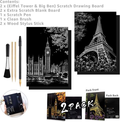 Scratch Painting Kits for Adults & Teens, Craft Art Set, Rainbow Scratch Art Painting Paper, Sketch DIY Night View Scratchboard, 16'' x 11.2'' Creative Gift with 3 Tools kit (Castle / Amusement Park) in Kuwait