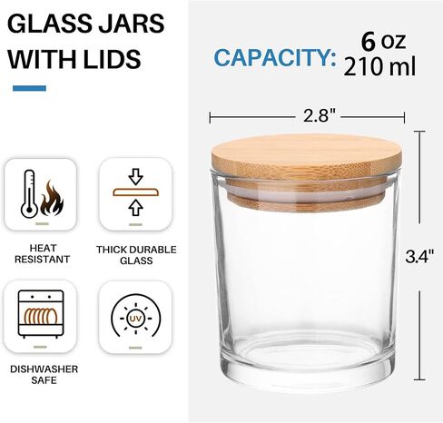 Antimbee (15 عبوة) برطمانات شموع زجاجية باللون الأزرق الياقوتي مع أغطية من الخيزران لصنع الشموع، علب شموع فارغة سعة 6 أونصة مع أغطية خشبية، حاويات شموع نظيفة بالجملة - آمنة للاستخدام في غسالة الأطباق in Kuwait