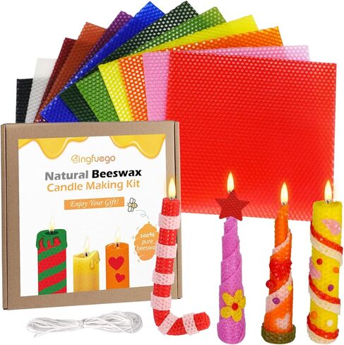 Bingfuego Beeswax Candle Making Kit for kids-12 Beeswax Sheets for Candle Making Rolling Kits, Natural Beeswax Candle Making Kit (Bright Color, 8 x 8 inch) in Kuwait
