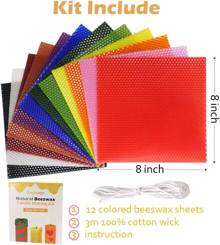 Bingfuego Beeswax Candle Making Kit for kids-12 Beeswax Sheets for Candle Making Rolling Kits, Natural Beeswax Candle Making Kit (Bright Color, 8 x 8 inch) in Kuwait