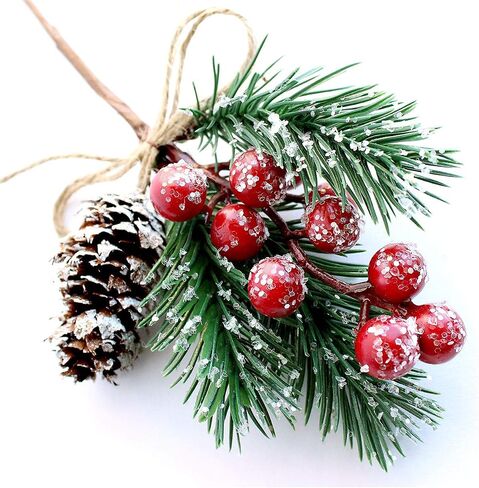 Red Berry Stems Pine Branches Evergreen Christmas Berries Décor 8 PCS Artificial Pine Cones Branch Craft Wreath Pick & Winter Holiday Floral Picks Holly Stem for Decoration DIY Xmas Garland Crafts in Saudi Arabia