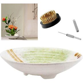 Japanese Ikebana Vase Kit, Flower Shallow Container Ceramics Ikebana Vase with 1.57inch Flower Frog and Floristry Kenzan Floral Frogs Needle Straightening Tool (Small Shell Bowl)