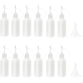 12 Pcs 0.5 Ounce Precision Tip Applicator Bottles, 15ML Needle Tip Glue Bottles for DIY Paper Quilling Craft, with 2 Mini Funnel, White Lids