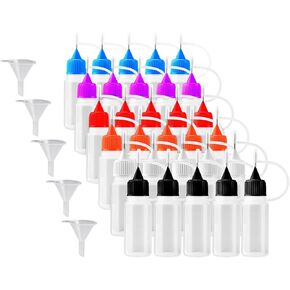 30pcs 10ml Needles Precision Tip Applicator, Translucent Glue Bottles and 6 Color Tips for DIY Quilling Craft, Acrylic Painting, with 5 Funnel