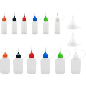 12 Pcs Precision Tip Applicator Bottles, 6 Pcs 1 Ounce and 6 Pcs 0.5 Ounce Translucent Glue Bottles, with 2 Mini Funnel, Multicolor Lids