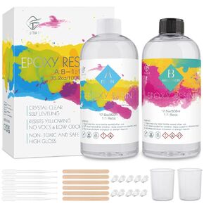مجموعة راتنجات الإيبوكسي، 1000 مل/35.2 أونصة كريستال راتنجات الإيبوكسي الشفاف، مزيج سهل بنسبة 1:1 من راتنجات الإيبوكسي والمقوي مع كوب قياس، وقطارة، وعصي خشبية، وقفازات لصنع المجوهرات، والفنون، والديكور الحرفي in Kuwait