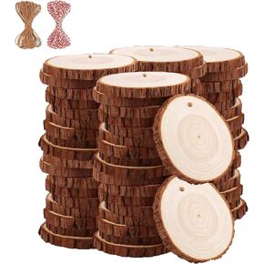 Natural Wood Slices TICIOSH Craft Unfinished Wood kit Predrilled with Hole Wooden Circles for DIY Crafts Wedding Decorations Christmas Ornaments Arts Wood Slices (50 Pcs 2.8-3.1 inches)