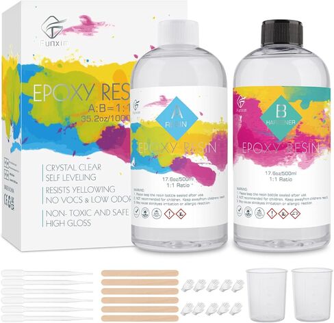 مجموعة راتنجات الإيبوكسي، 1000 مل/35.2 أونصة كريستال راتنجات الإيبوكسي الشفاف، مزيج سهل بنسبة 1:1 من راتنجات الإيبوكسي والمقوي مع كوب قياس، وقطارة، وعصي خشبية، وقفازات لصنع المجوهرات، والفنون، والديكور الحرفي in Kuwait