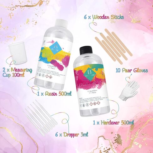 مجموعة راتنجات الإيبوكسي، 1000 مل/35.2 أونصة كريستال راتنجات الإيبوكسي الشفاف، مزيج سهل بنسبة 1:1 من راتنجات الإيبوكسي والمقوي مع كوب قياس، وقطارة، وعصي خشبية، وقفازات لصنع المجوهرات، والفنون، والديكور الحرفي in Kuwait