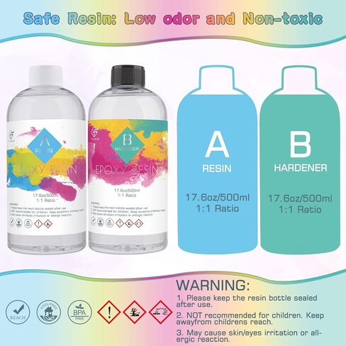 مجموعة راتنجات الإيبوكسي، 1000 مل/35.2 أونصة كريستال راتنجات الإيبوكسي الشفاف، مزيج سهل بنسبة 1:1 من راتنجات الإيبوكسي والمقوي مع كوب قياس، وقطارة، وعصي خشبية، وقفازات لصنع المجوهرات، والفنون، والديكور الحرفي in Kuwait