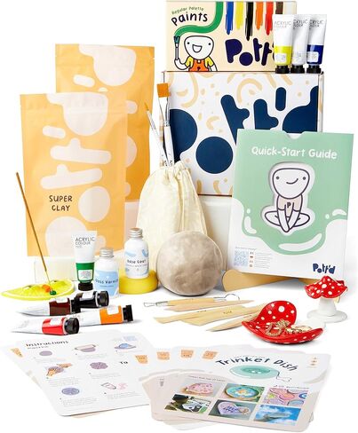 مجموعة فخار الطين الجاف بالهواء المنزلي من Pott'd™ للمبتدئين. عدة DIY للبالغين. تشتمل المجموعة على: طين يجفف بالهواء للبالغين، وأدوات، ودهانات، وفرش، ومانع تسرب، ودليل إرشادي، ومجموعة طين لتجفيف الهواء - دهانات باستيل in Kuwait