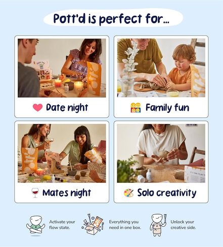 مجموعة فخار الطين الجاف بالهواء المنزلي من Pott'd™ للمبتدئين. عدة DIY للبالغين. تشتمل المجموعة على: طين يجفف بالهواء للبالغين، وأدوات، ودهانات، وفرش، ومانع تسرب، ودليل إرشادي، ومجموعة طين لتجفيف الهواء - دهانات باستيل in Kuwait