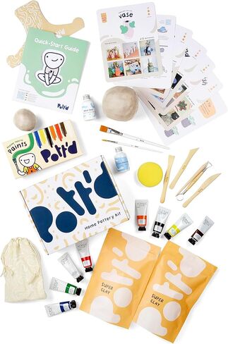 مجموعة فخار الطين الجاف بالهواء المنزلي من Pott'd™ للمبتدئين. عدة DIY للبالغين. تشتمل المجموعة على: طين يجفف بالهواء للبالغين، وأدوات، ودهانات، وفرش، ومانع تسرب، ودليل إرشادي، ومجموعة طين لتجفيف الهواء - دهانات باستيل in Kuwait