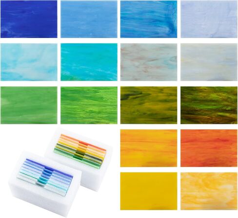 16 قطعة من صفائح الزجاج الملون 4 انش × 6 انش، زجاج كاتدرائية غير شفاف مختلط، صفائح زجاج فسيفساء مع فوم لضمان السلامة، اوراق زجاجية بالوان زاهية لمحبي الزجاج والحرف اليدوية وديكور المنزل (16 لون) in Kuwait