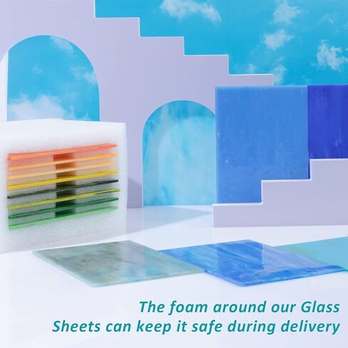 16 قطعة من صفائح الزجاج الملون 4 انش × 6 انش، زجاج كاتدرائية غير شفاف مختلط، صفائح زجاج فسيفساء مع فوم لضمان السلامة، اوراق زجاجية بالوان زاهية لمحبي الزجاج والحرف اليدوية وديكور المنزل (16 لون) in Kuwait