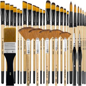 Bougimal 32 Pieces Paint Brush Set, Artist Series, Nylon Bristles with Round, Filbert, Flat, Fan, Angle, Detail Brush, Suitable for Artists and Beginners for Acrylic Painting, Oil, Watercolor, Gouache