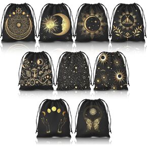 9PCS Tarot Bag Velvet Storage Bags with Drawstrings Dice Bag Black and Gloden Tarot Bags and Pouches Crystal Bags,7.1 X 6.3 Inches
