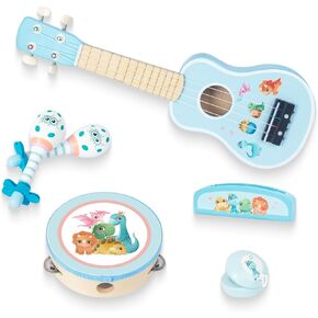 WoodenEdu Kids Guitar للفتيات، ألعاب الآلات الموسيقية الخشبية مع القيثارة، الدف، Maracas، هارمونيكا، مجموعات صغيرة للأطفال الصغار 2 3 سنوات من العمر هدية عيد ميلاد (الأزرق للأولاد)