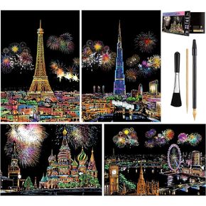 MIASTAR لوحة رسم للخدش والرسم للأطفال والكبار، لوحة رسم للرسم بألوان قوس قزح للرؤية الليلية (A4)، فنون وحرف يدوية، 4 أوراق بطاقات للخدش وقلم رسم، فرشاة نظيفة (السلسلة الأوروبية) in Kuwait