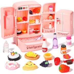Civaner Dollhouse Refrigerator Mini Fridge Toy with Food Set Kitchen Furniture Toys Miniatures Decorations Bottles Fruits Desserts for Children (Cute Style, 27 Pieces), Multicolor