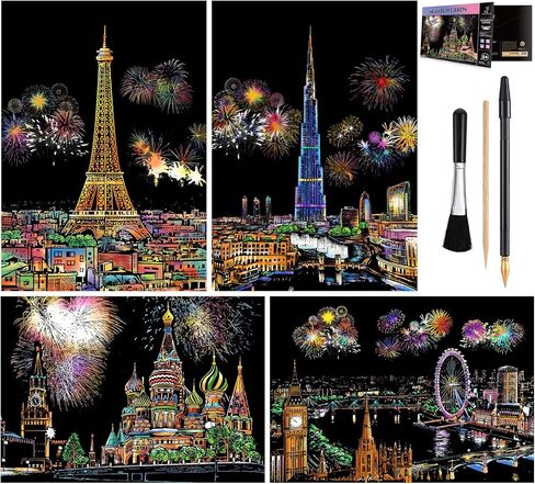 MIASTAR لوحة رسم للخدش والرسم للأطفال والكبار، لوحة رسم للرسم بألوان قوس قزح للرؤية الليلية (A4)، فنون وحرف يدوية، 4 أوراق بطاقات للخدش وقلم رسم، فرشاة نظيفة (السلسلة الأوروبية) in Kuwait