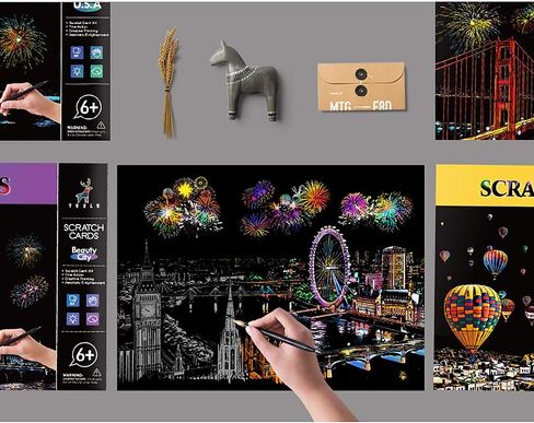 MIASTAR لوحة رسم للخدش والرسم للأطفال والكبار، لوحة رسم للرسم بألوان قوس قزح للرؤية الليلية (A4)، فنون وحرف يدوية، 4 أوراق بطاقات للخدش وقلم رسم، فرشاة نظيفة (السلسلة الأوروبية) in Kuwait