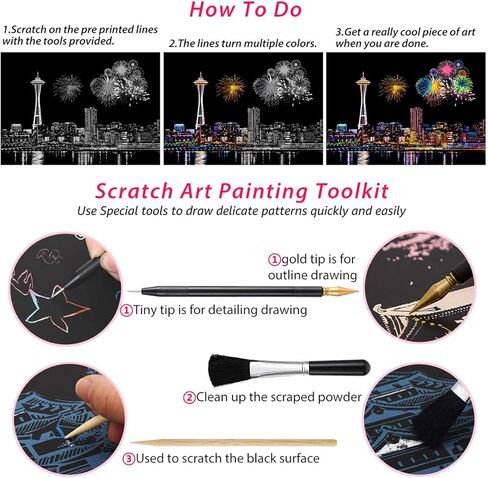 MIASTAR لوحة رسم للخدش والرسم للأطفال والكبار، لوحة رسم للرسم بألوان قوس قزح للرؤية الليلية (A4)، فنون وحرف يدوية، 4 أوراق بطاقات للخدش وقلم رسم، فرشاة نظيفة (السلسلة الأوروبية) in Kuwait