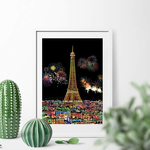 MIASTAR لوحة رسم للخدش والرسم للأطفال والكبار، لوحة رسم للرسم بألوان قوس قزح للرؤية الليلية (A4)، فنون وحرف يدوية، 4 أوراق بطاقات للخدش وقلم رسم، فرشاة نظيفة (السلسلة الأوروبية) in Kuwait