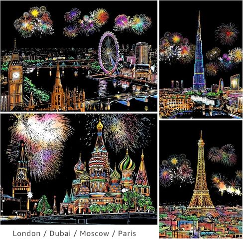 MIASTAR لوحة رسم للخدش والرسم للأطفال والكبار، لوحة رسم للرسم بألوان قوس قزح للرؤية الليلية (A4)، فنون وحرف يدوية، 4 أوراق بطاقات للخدش وقلم رسم، فرشاة نظيفة (السلسلة الأوروبية) in Kuwait