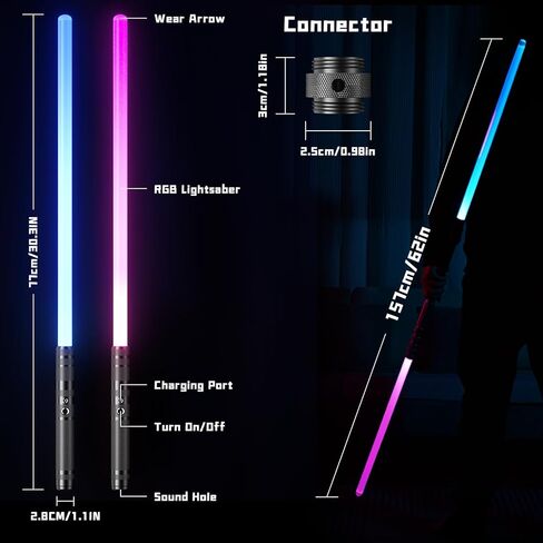 سيف مضيء 15 في 1 للاطفال، مجموعة سيوف ليزر مزدوجة LED مع صوت اف اكس (حساس للحركة) ومقبض فضي واقعي للمقاتلين والمحاربين in Kuwait