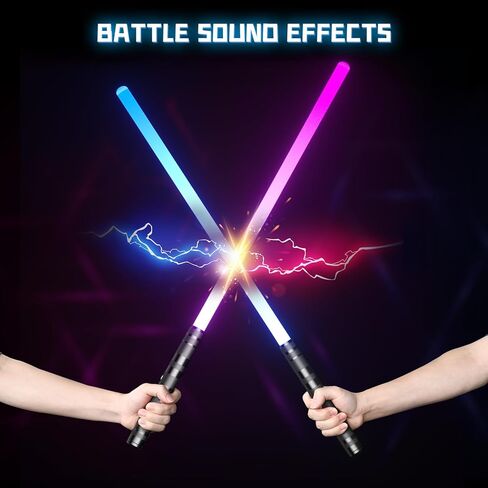سيف مضيء 15 في 1 للاطفال، مجموعة سيوف ليزر مزدوجة LED مع صوت اف اكس (حساس للحركة) ومقبض فضي واقعي للمقاتلين والمحاربين in Kuwait