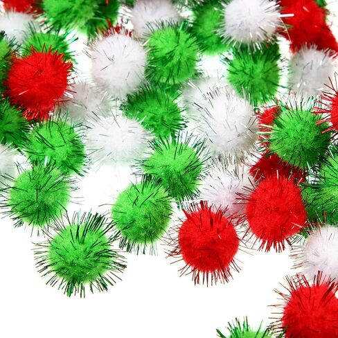 Shappy 500 Pieces Christmas Glitter Pompoms 1 Inch Fuzzy Pom Poms Arts Crafts Making Balls for Hobby Supplies Craft DIY Party Decoration (White) in Kuwait