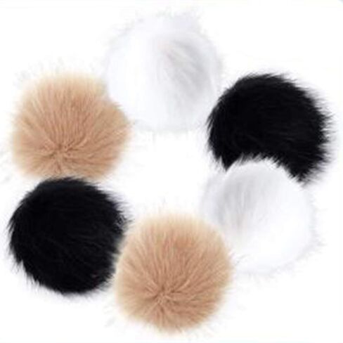 Fur Pom Poms for Hats, 6PCS 4 Inch Faux Fur Pom Pom Balls Fluffy Pompoms for Crafts with Elastic Loop 3 Colors for Keychains Scarves Gloves Bags Knitting Supplies in Kuwait