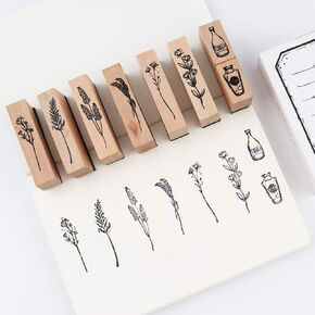 Dizdkizd 8 Pieces Wood Mounted Rubber Stamps, Plant and Flower Decorative Wooden Rubber Stamp Set for DIY Craft, Diary and Craft Scrapbooking