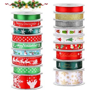 SANNIX 18 لفة 90 ياردة أشرطة عيد الميلاد عطلة مطبوعة Grosgrain شريط من الساتان المعدني اللامع حرفة النسيج لتزيين تغليف هدايا عيد الميلاد، 3 أحجام in Kuwait