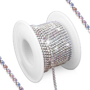 Lusofie 10 Yards 2MM Rhinestone Close Chain Trim Silver Rhinestone AB String Rhinestone Roll Crystal Rhinestones Chain for Crafts Jewelry Wedding Clothes DIY