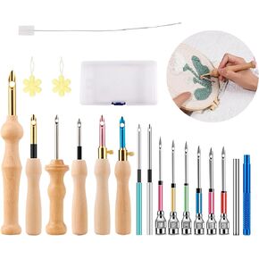 18 Piece Punch Needle Embroidery Kits, Adjustable Punch Needle Tool Wooden Handle Embroidery Pen Big Eye Needles with Needle Threader for Beginners DIY Craft Stitching in Kuwait