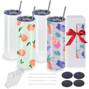MICLAXYS 4 Pack Sublimation Tumblers 20 Oz Skinny Straight, Stainless Steel Sublimation Tumblers Blank, Individually Gift Boxed, Insulated Tumbler Sublimation (4)