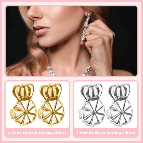FANCY NOVA Earring Lifters Backs, 4 Pairs Secure Earring Backs for Droopy Ears, Hypoallergenic Adjustable Magic Earring Backs Tiara Earring Backs for Heavy Earring (3Gold, 1Silver) in Kuwait