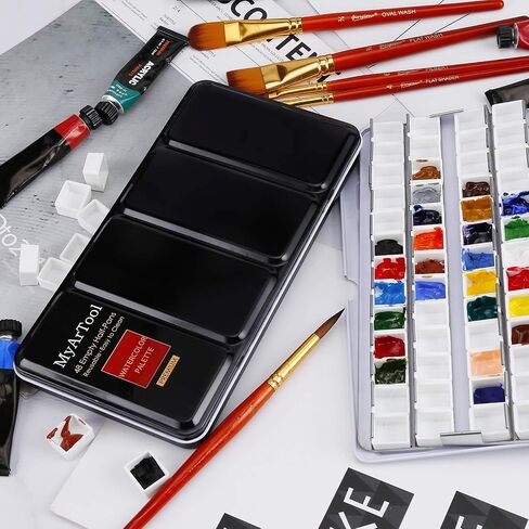 علب لوحة ألوان مائية فارغة من MYARTOOL، علبة طلاء لوحة ألوان مائية معدنية مع لوحة قابلة للطي تحمل 48 نصف مقلاة للوحة ألوان مائية للسفر، لوحة أكريليك in Kuwait