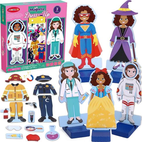 Atoylink Wooden Magnetic Dress up Dolls for Girls Pretend Play Set, Princess/Witch/Occupations Community Helpers Matching Games Fashion Paper Dolls for Toddlers Preschool Learning Toys Gifts in Saudi Arabia