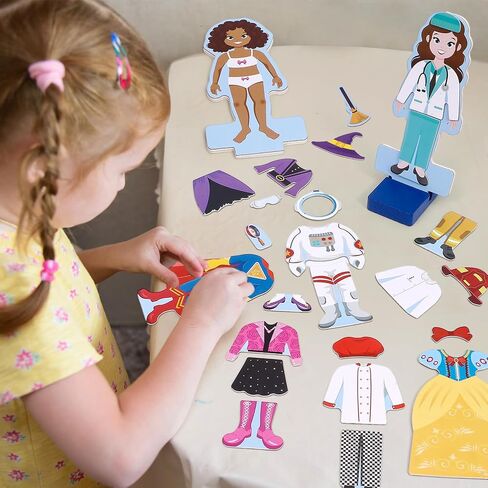 Atoylink Wooden Magnetic Dress up Dolls for Girls Pretend Play Set, Princess/Witch/Occupations Community Helpers Matching Games Fashion Paper Dolls for Toddlers Preschool Learning Toys Gifts in Saudi Arabia