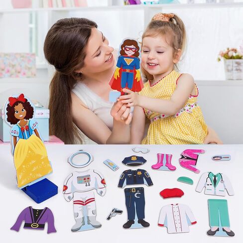 Atoylink Wooden Magnetic Dress up Dolls for Girls Pretend Play Set, Princess/Witch/Occupations Community Helpers Matching Games Fashion Paper Dolls for Toddlers Preschool Learning Toys Gifts in Saudi Arabia