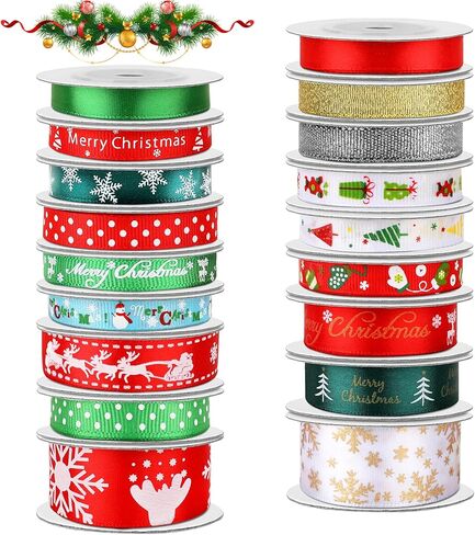SANNIX 18 لفة 90 ياردة أشرطة عيد الميلاد عطلة مطبوعة Grosgrain شريط من الساتان المعدني اللامع حرفة النسيج لتزيين تغليف هدايا عيد الميلاد، 3 أحجام in Kuwait