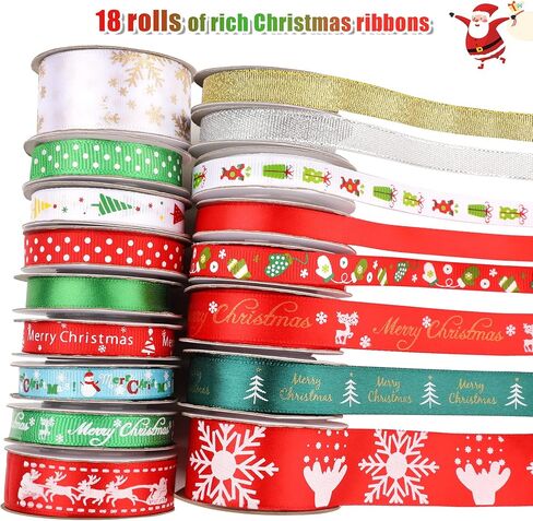SANNIX 18 لفة 90 ياردة أشرطة عيد الميلاد عطلة مطبوعة Grosgrain شريط من الساتان المعدني اللامع حرفة النسيج لتزيين تغليف هدايا عيد الميلاد، 3 أحجام in Kuwait