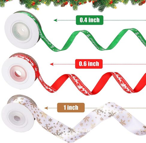 SANNIX 18 لفة 90 ياردة أشرطة عيد الميلاد عطلة مطبوعة Grosgrain شريط من الساتان المعدني اللامع حرفة النسيج لتزيين تغليف هدايا عيد الميلاد، 3 أحجام in Kuwait
