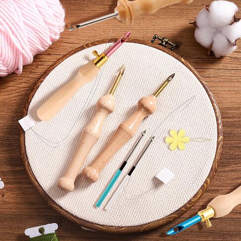 18 Piece Punch Needle Embroidery Kits, Adjustable Punch Needle Tool Wooden Handle Embroidery Pen Big Eye Needles with Needle Threader for Beginners DIY Craft Stitching in Kuwait