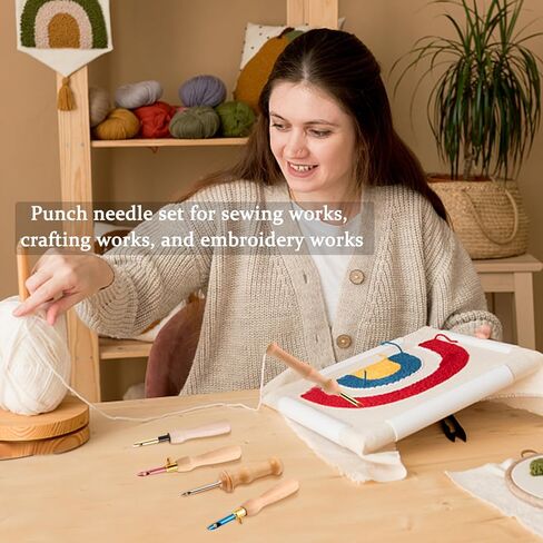 18 Piece Punch Needle Embroidery Kits, Adjustable Punch Needle Tool Wooden Handle Embroidery Pen Big Eye Needles with Needle Threader for Beginners DIY Craft Stitching in Kuwait