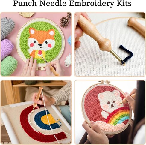 18 Piece Punch Needle Embroidery Kits, Adjustable Punch Needle Tool Wooden Handle Embroidery Pen Big Eye Needles with Needle Threader for Beginners DIY Craft Stitching in Kuwait